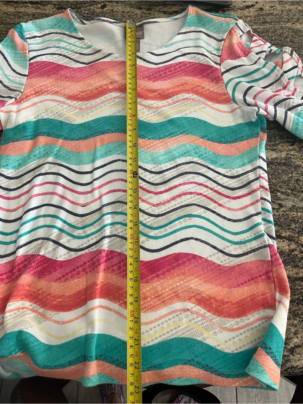 Chico's Teal, Coral, Pink & White Wave-Print Short Sleeve Top - Picture 5 of 6